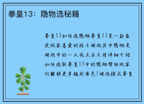 拳皇13：隐物选秘籍